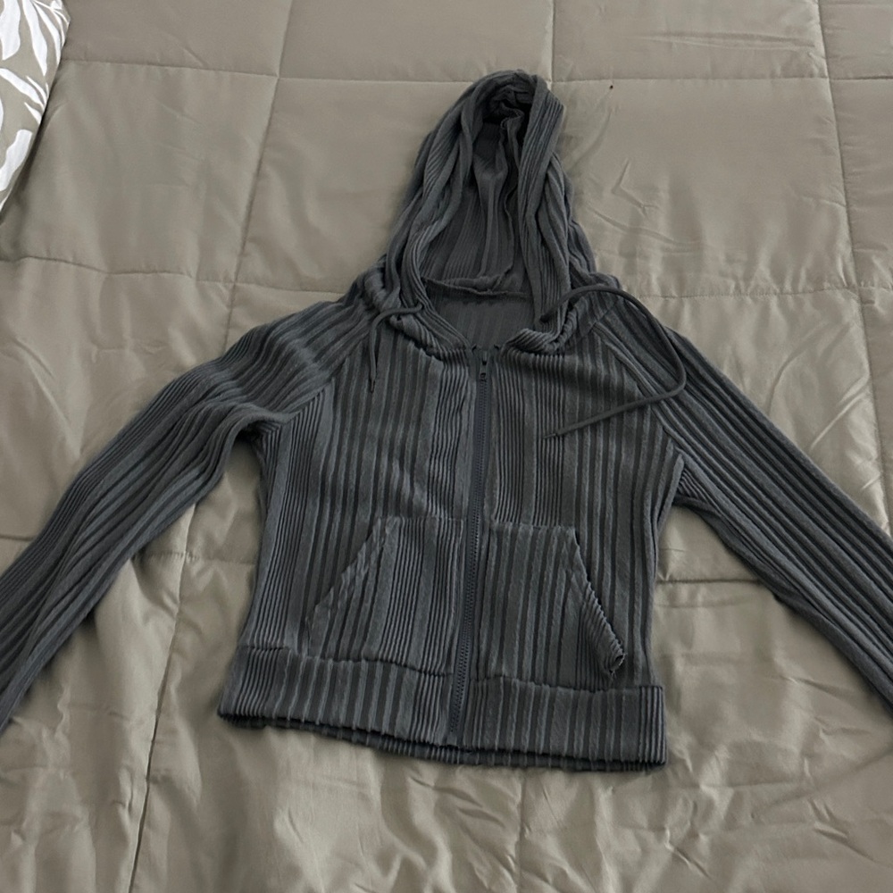 Gray Ribbed Zip-Up Hoodie